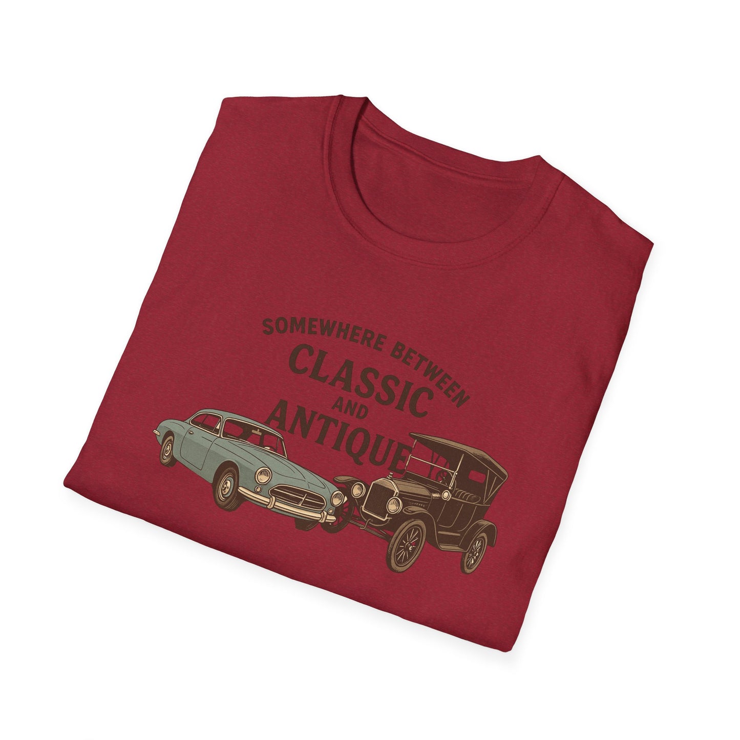 Personalized Classic Antique Car Tee – Vintage Car Graphic with Model Year Customization, "Somewhere Between Classic and Antique" Car T-Shirt – Personalized Model Year Custom Back