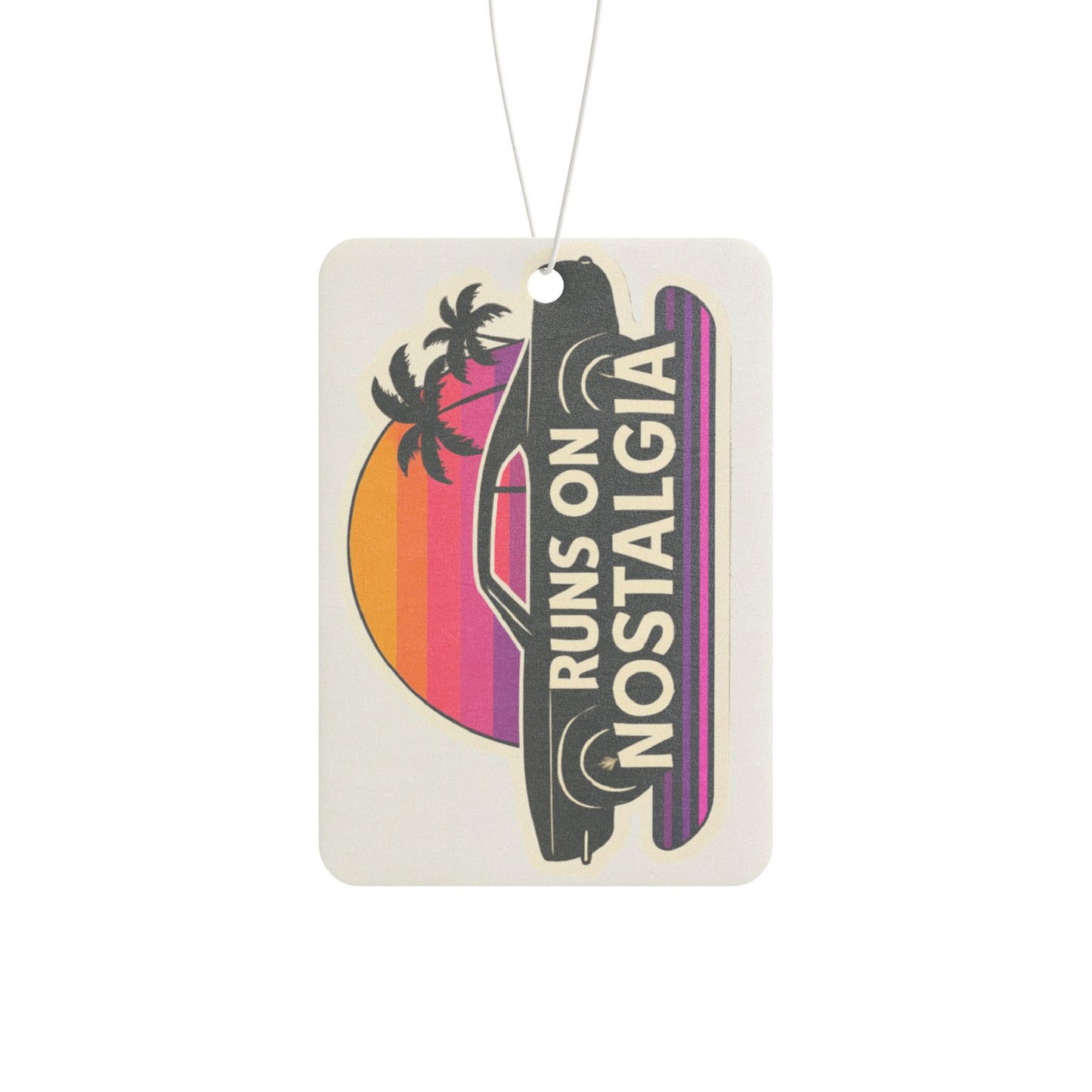 Car Air Freshener - Retro 1970s Muscle Car Silhouette with 'Runs on Nostalgia' Outrun Aesthetic
