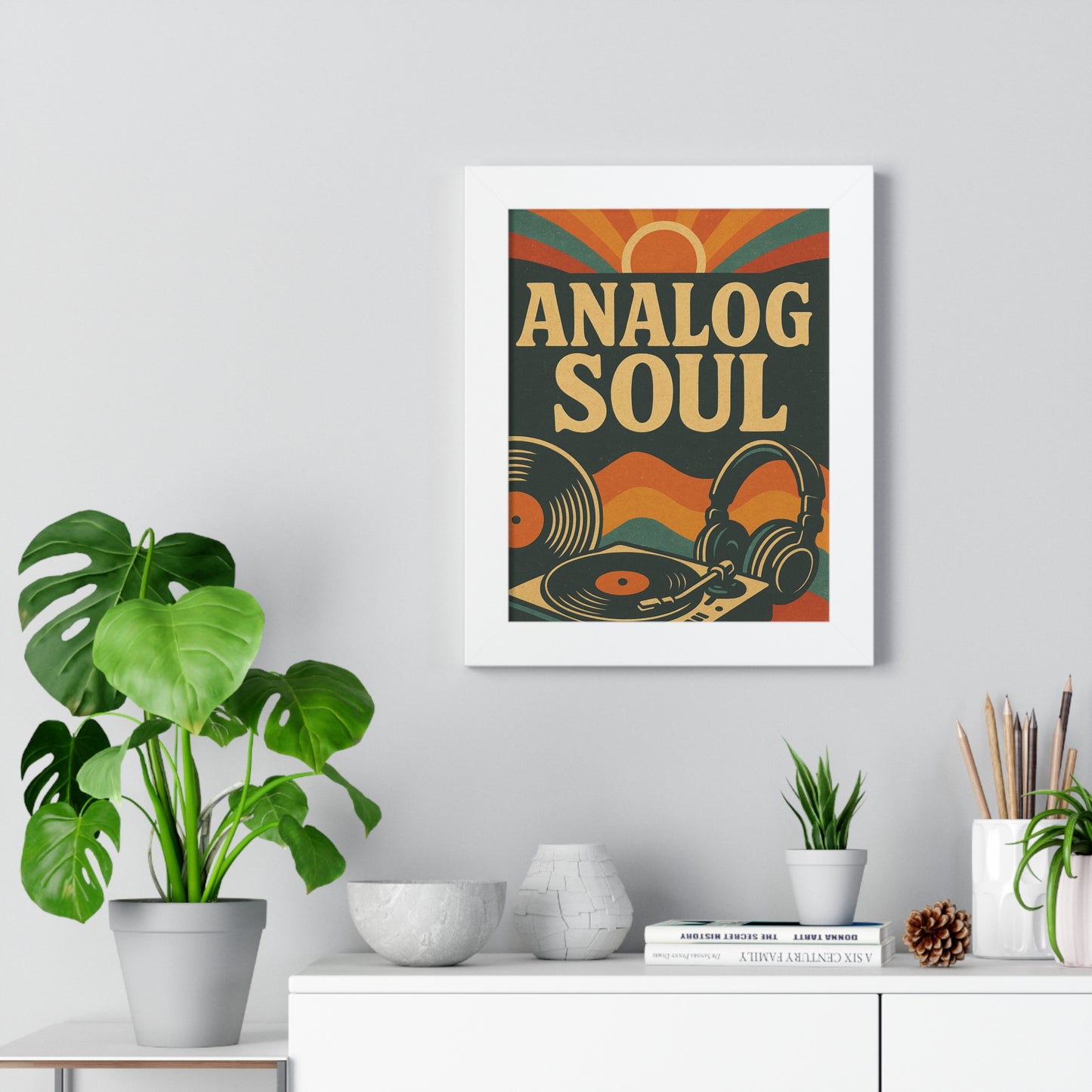 Analog Soul Framed Poster — Retro Vinyl Record & Headphones Wall Art