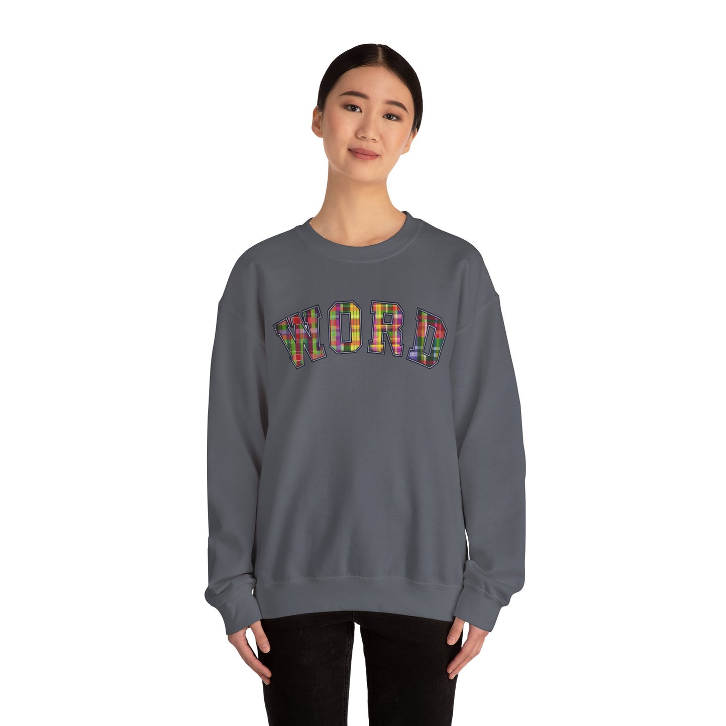 Colorful Word Sweatshirt, Cozy Graphic Pullover, Unisex Crewneck, Perfect for Casual Wear, Gift Idea for Friends, Back to School