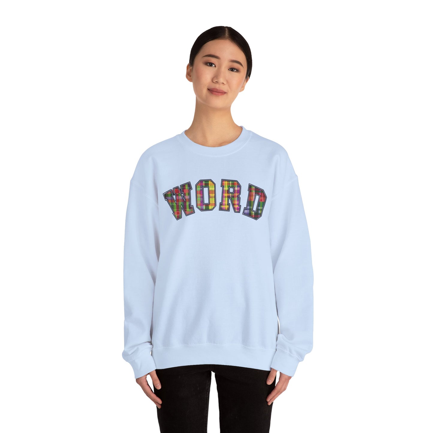 Colorful Word Sweatshirt, Cozy Graphic Pullover, Unisex Crewneck, Perfect for Casual Wear, Gift Idea for Friends, Back to School