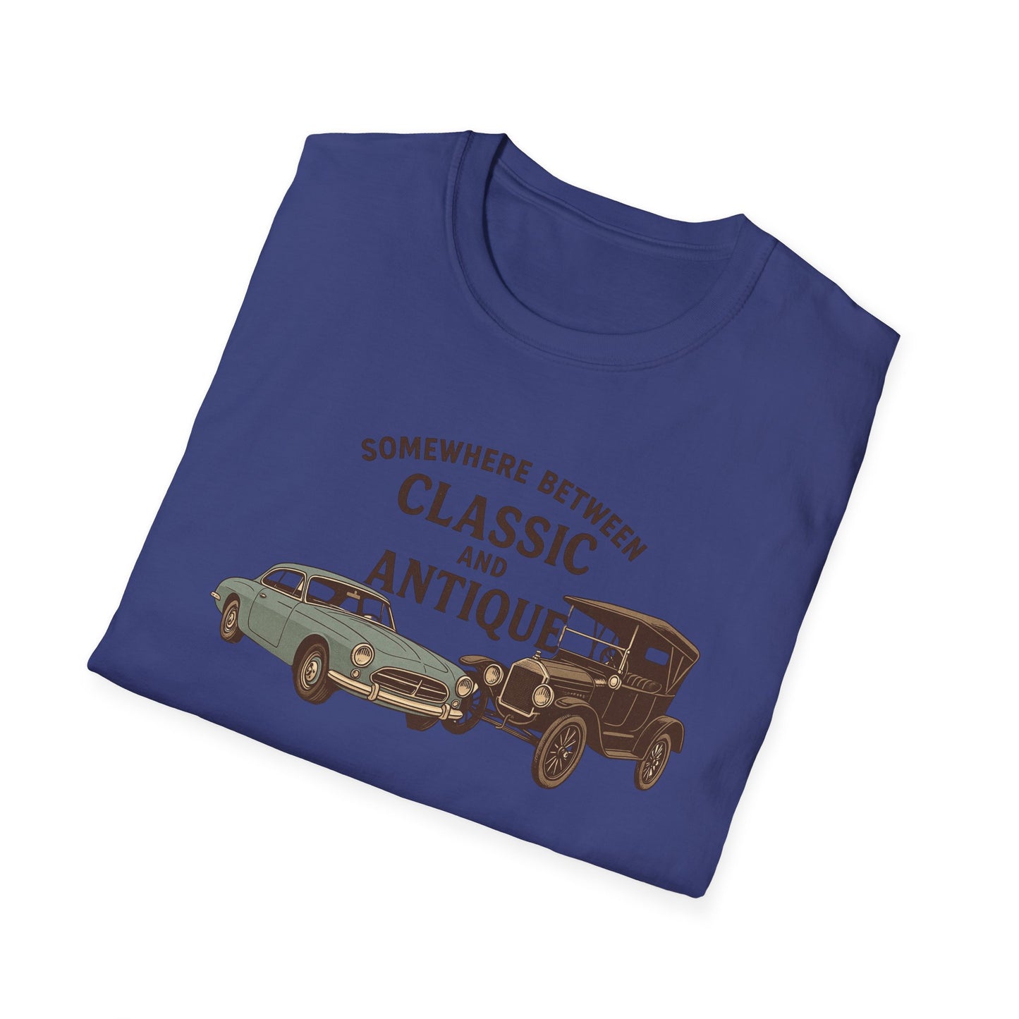 Personalized Classic Antique Car Tee – Vintage Car Graphic with Model Year Customization, "Somewhere Between Classic and Antique" Car T-Shirt – Personalized Model Year Custom Back