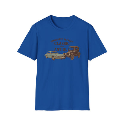 Personalized Classic Antique Car Tee – Vintage Car Graphic with Model Year Customization, "Somewhere Between Classic and Antique" Car T-Shirt – Personalized Model Year Custom Back