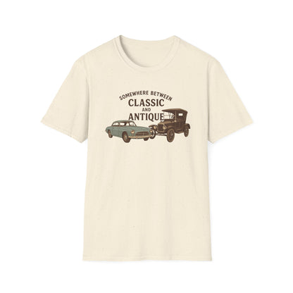 Personalized Classic Antique Car Tee – Vintage Car Graphic with Model Year Customization, "Somewhere Between Classic and Antique" Car T-Shirt – Personalized Model Year Custom Back