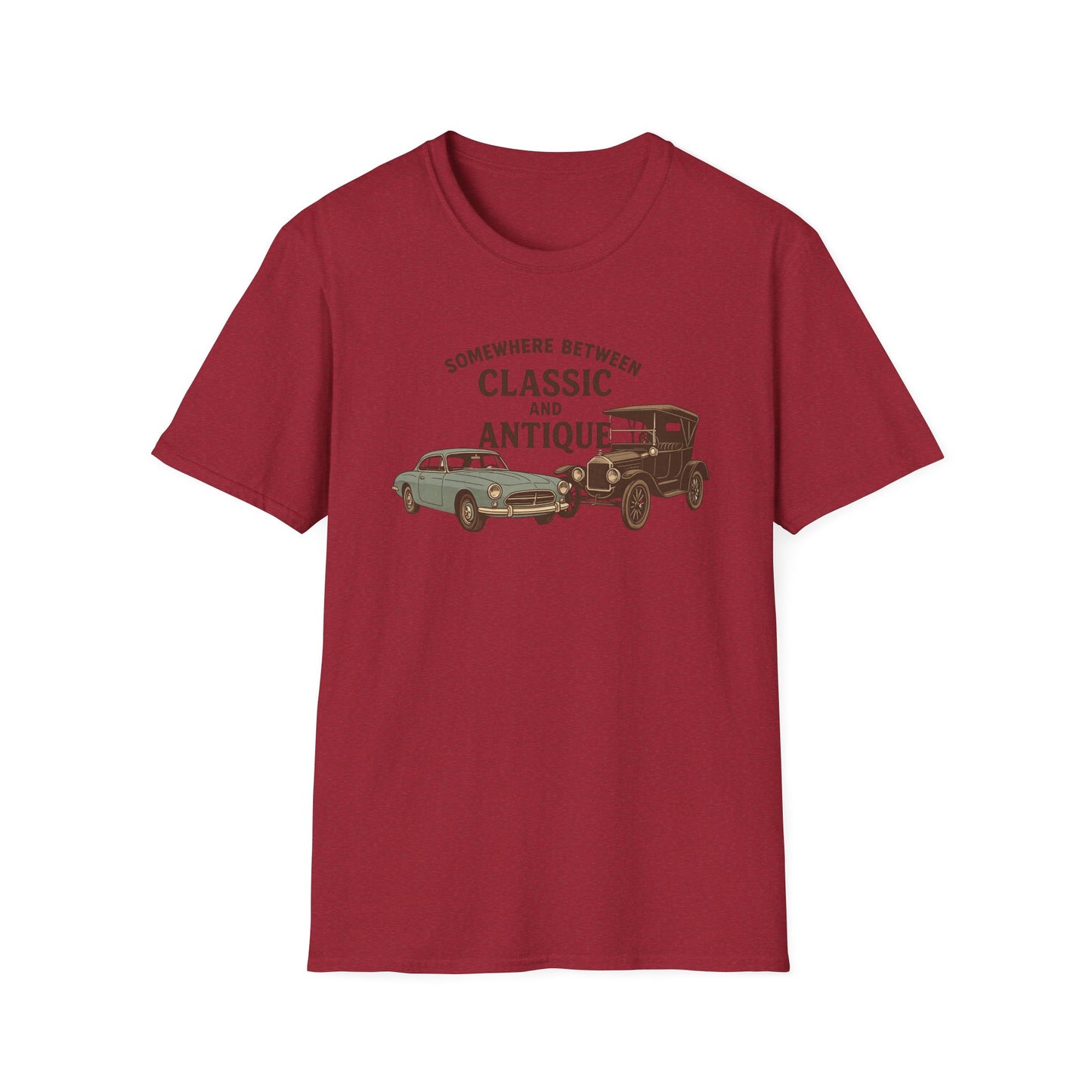 Personalized Classic Antique Car Tee – Vintage Car Graphic with Model Year Customization, "Somewhere Between Classic and Antique" Car T-Shirt – Personalized Model Year Custom Back