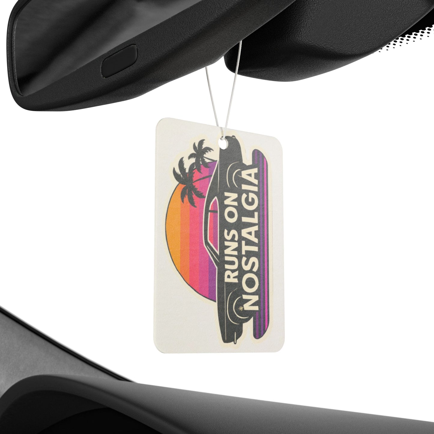 Car Air Freshener - Retro 1970s Muscle Car Silhouette with 'Runs on Nostalgia' Outrun Aesthetic