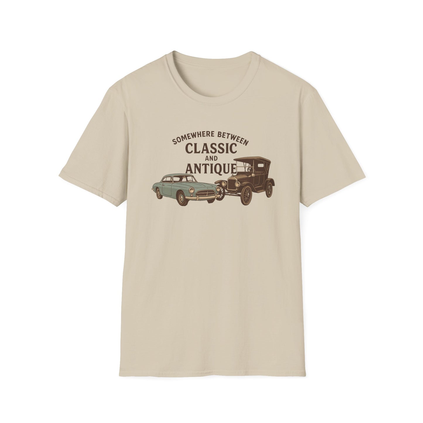 Personalized Classic Antique Car Tee – Vintage Car Graphic with Model Year Customization, "Somewhere Between Classic and Antique" Car T-Shirt – Personalized Model Year Custom Back