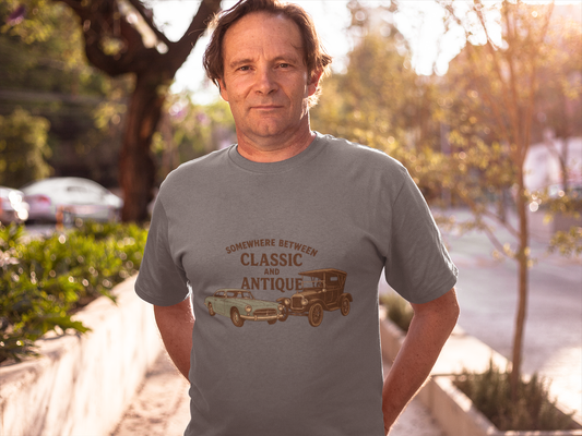 Personalized Classic Antique Car Tee – Vintage Car Graphic with Model Year Customization, "Somewhere Between Classic and Antique" Car T-Shirt – Personalized Model Year Custom Back