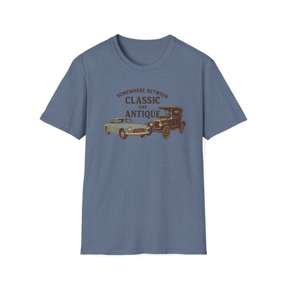 Personalized Classic Antique Car Tee – Vintage Car Graphic with Model Year Customization, "Somewhere Between Classic and Antique" Car T-Shirt – Personalized Model Year Custom Back