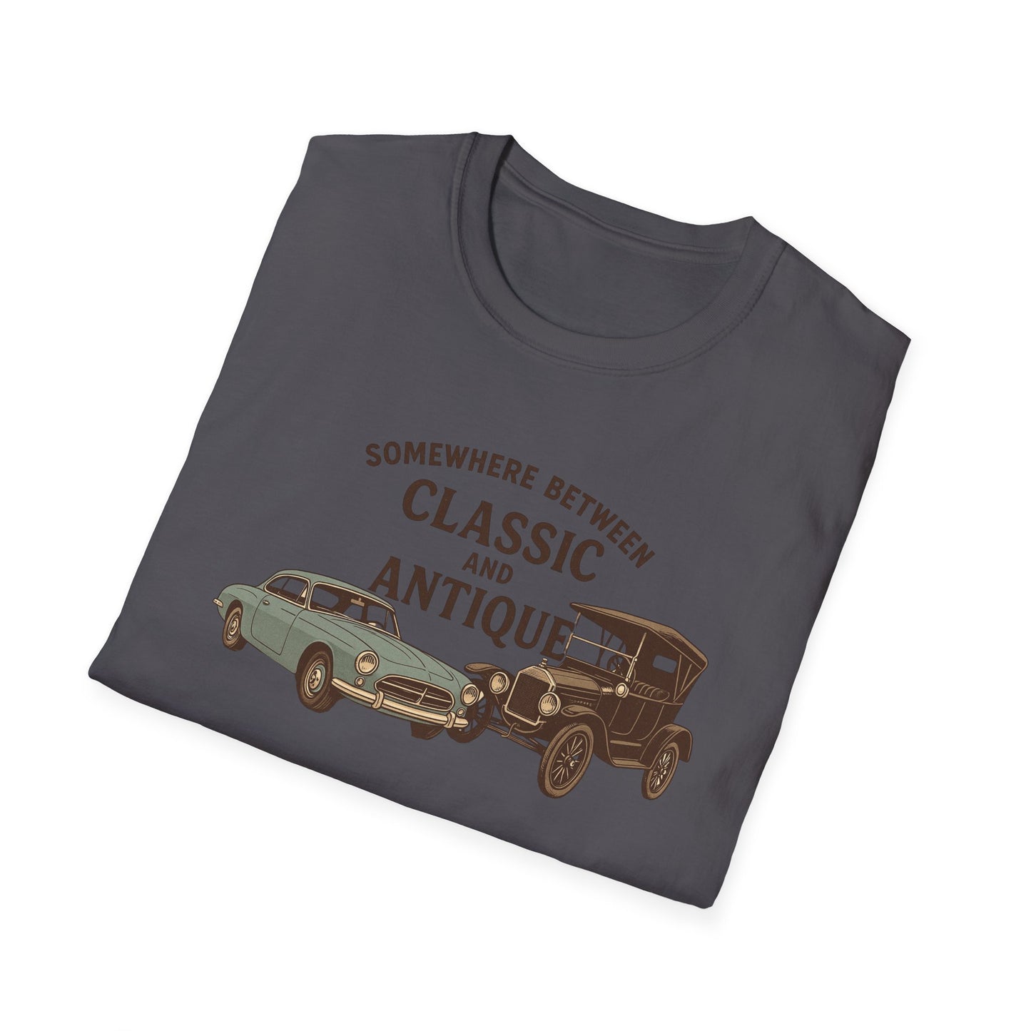 Personalized Classic Antique Car Tee – Vintage Car Graphic with Model Year Customization, "Somewhere Between Classic and Antique" Car T-Shirt – Personalized Model Year Custom Back
