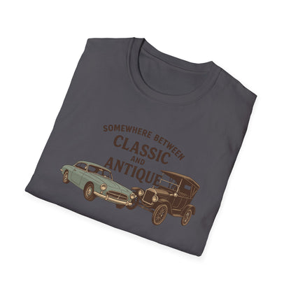 Personalized Classic Antique Car Tee – Vintage Car Graphic with Model Year Customization, "Somewhere Between Classic and Antique" Car T-Shirt – Personalized Model Year Custom Back