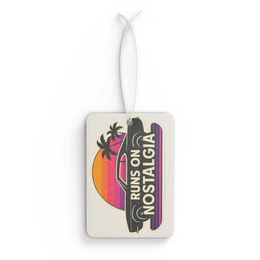 Car Air Freshener - Retro 1970s Muscle Car Silhouette with 'Runs on Nostalgia' Outrun Aesthetic