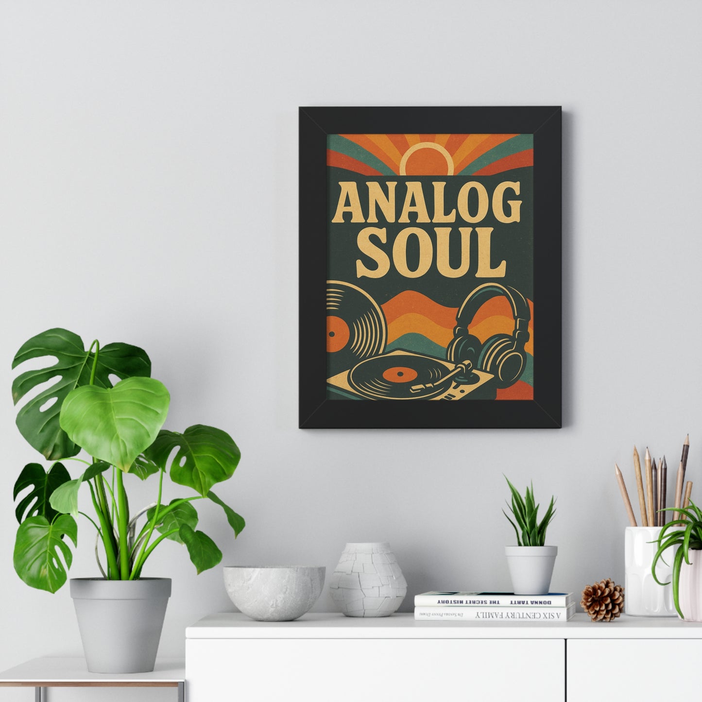 Analog Soul Framed Poster — Retro Vinyl Record & Headphones Wall Art