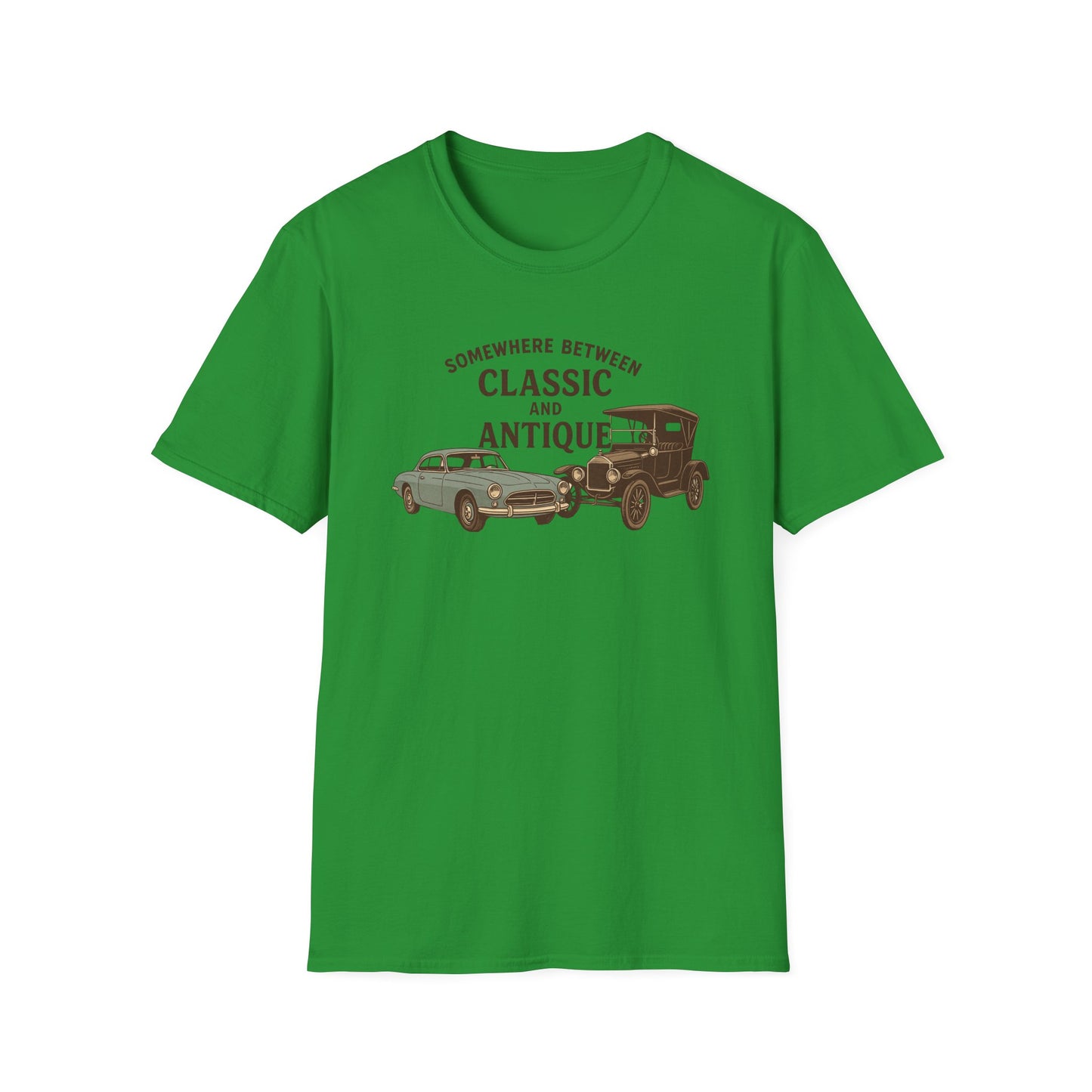 Personalized Classic Antique Car Tee – Vintage Car Graphic with Model Year Customization, "Somewhere Between Classic and Antique" Car T-Shirt – Personalized Model Year Custom Back