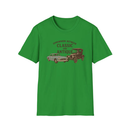 Personalized Classic Antique Car Tee – Vintage Car Graphic with Model Year Customization, "Somewhere Between Classic and Antique" Car T-Shirt – Personalized Model Year Custom Back