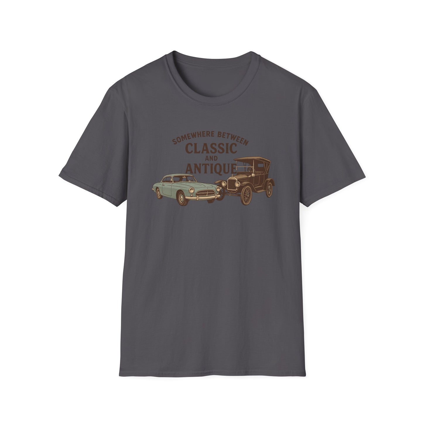 Personalized Classic Antique Car Tee – Vintage Car Graphic with Model Year Customization, "Somewhere Between Classic and Antique" Car T-Shirt – Personalized Model Year Custom Back