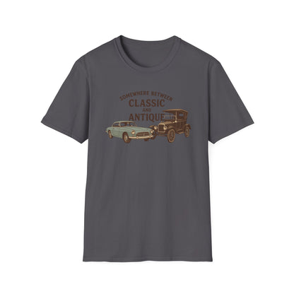 Personalized Classic Antique Car Tee – Vintage Car Graphic with Model Year Customization, "Somewhere Between Classic and Antique" Car T-Shirt – Personalized Model Year Custom Back