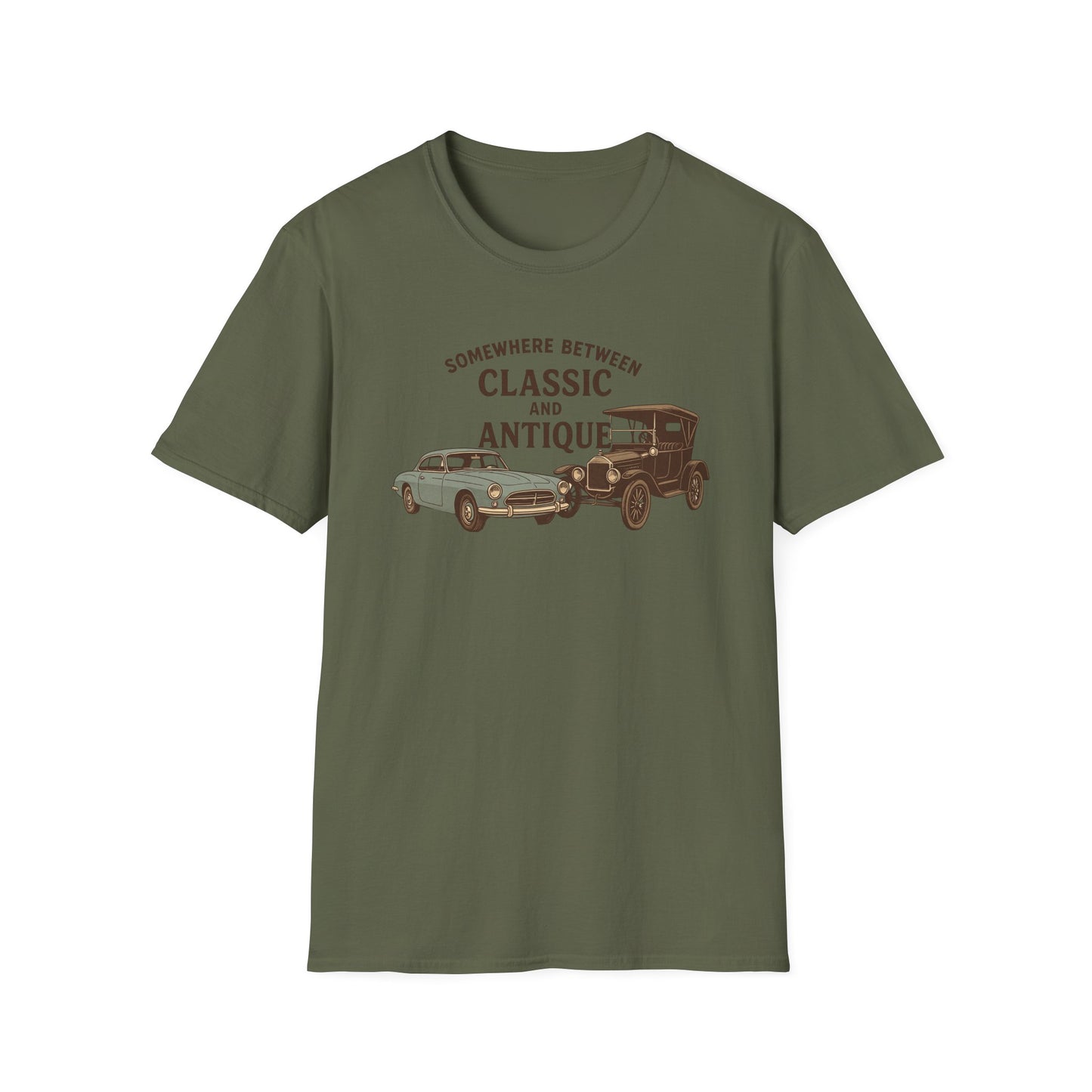 Personalized Classic Antique Car Tee – Vintage Car Graphic with Model Year Customization, "Somewhere Between Classic and Antique" Car T-Shirt – Personalized Model Year Custom Back