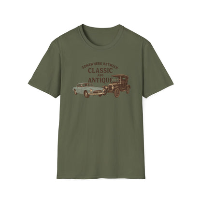 Personalized Classic Antique Car Tee – Vintage Car Graphic with Model Year Customization, "Somewhere Between Classic and Antique" Car T-Shirt – Personalized Model Year Custom Back