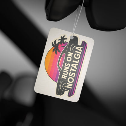 Car Air Freshener - Retro 1970s Muscle Car Silhouette with 'Runs on Nostalgia' Outrun Aesthetic