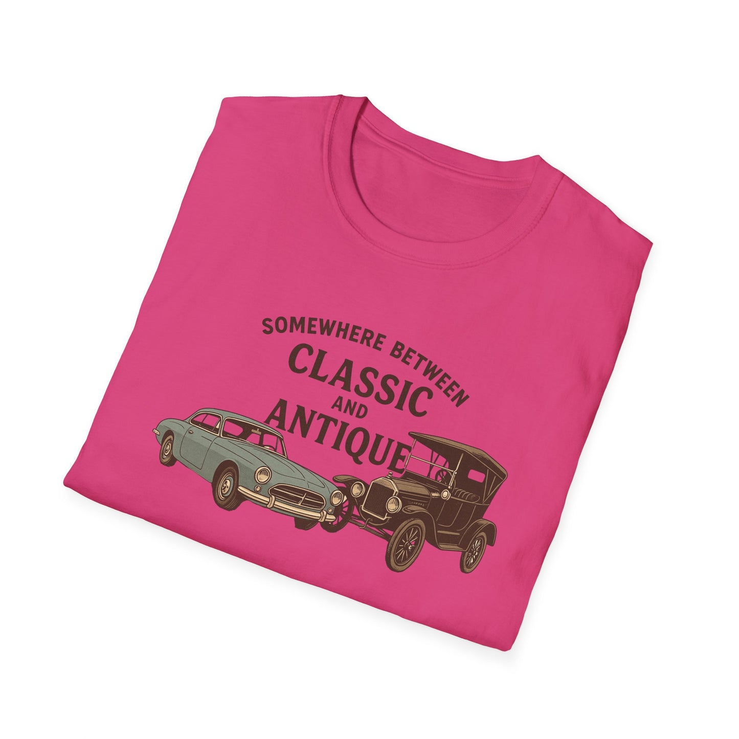 Personalized Classic Antique Car Tee – Vintage Car Graphic with Model Year Customization, "Somewhere Between Classic and Antique" Car T-Shirt – Personalized Model Year Custom Back