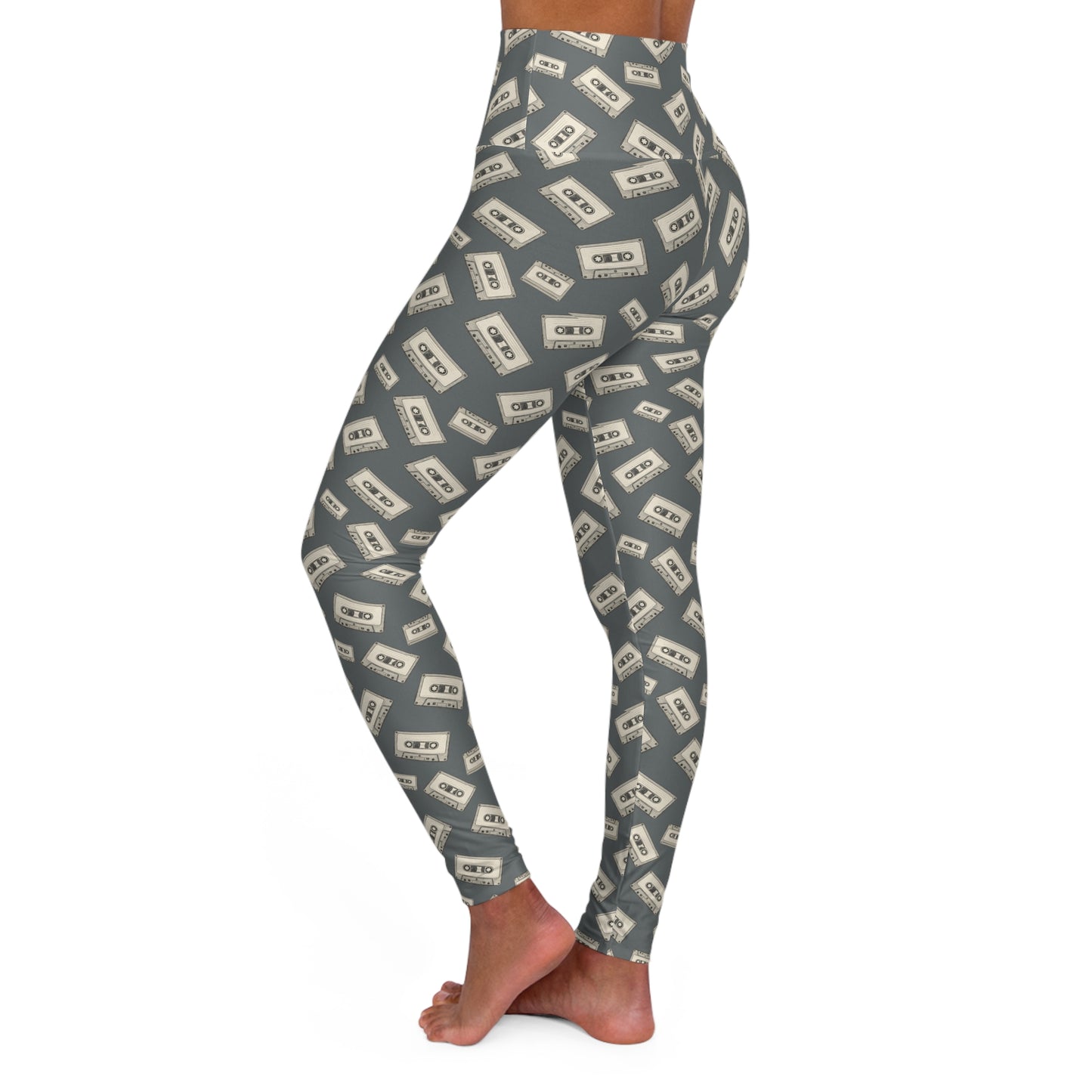 Cassette Tape High-Waisted Yoga Leggings — Retro AOP Print